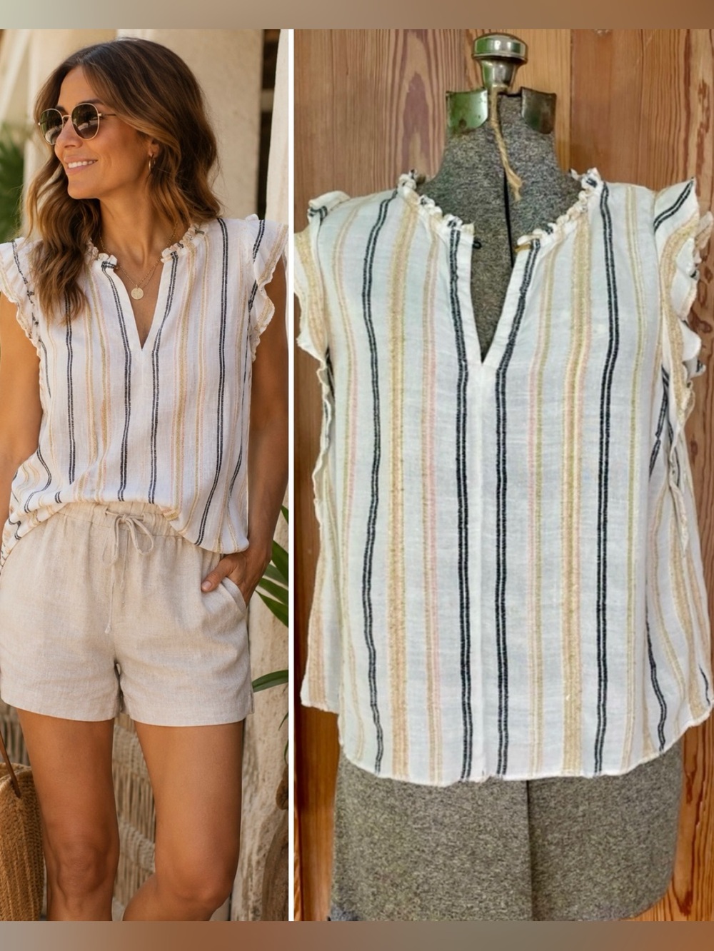 Lilla P Woven Cotton Gauze Stripe Ruffle Sleeve Blouse Ivory Multi Sz L💛